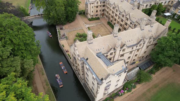 Overhead drone Punts on river Cam ,Cambridge City centre England alt