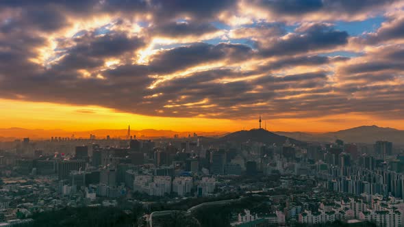 Time lapse Seoul City Skyline and Seoul Tower at Sunrise South Korea