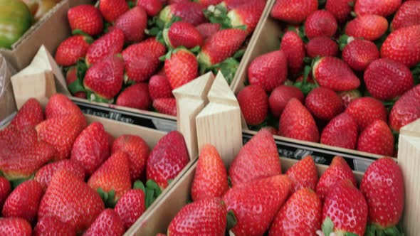 Boxes with strawberries on market alt