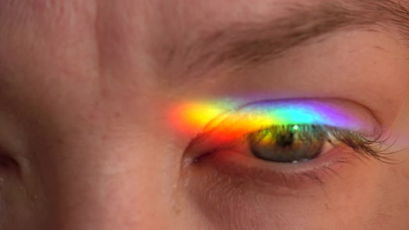 Glare of the rainbow on the female eye. alt