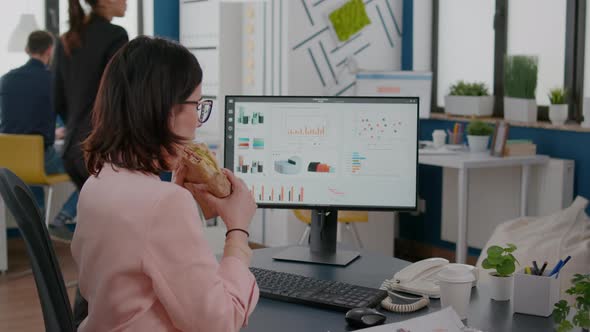 Businesswoman Working in Startup Company Office Having Food Meal Takeout Lunchtime alt