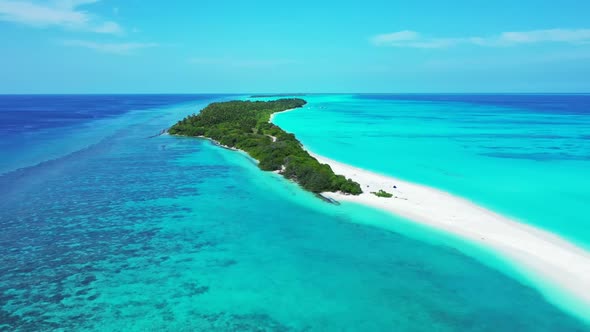 Aerial top down tourism of relaxing coastline beach trip by blue lagoon and clean sand background of alt