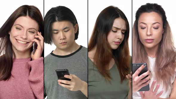 Split Collage of Diverse Multicultural Men and Women Using Mobile Phone with Different Emotions