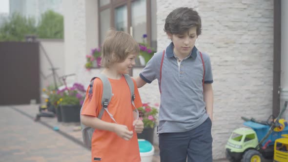 Portrait of Two Schoolboys Walking To School with Backpacks. Cheerful Caucasian Friends or Brothers alt