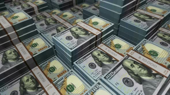 Dollar 100 banknote packs - flying over USD money stack