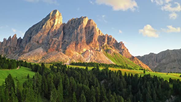 Sunset at passo delle Erbe in Dolomites, aerial view alt