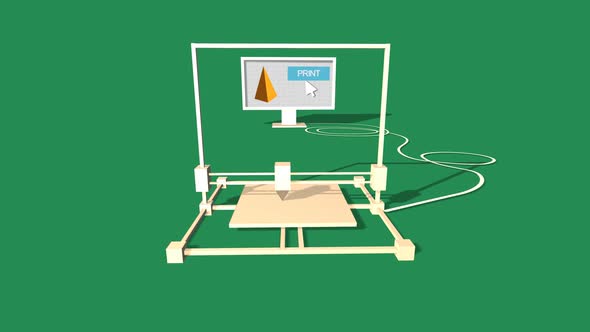 Simple Animation of Printing a Pyramid with a 3D Printer. Green Background.
