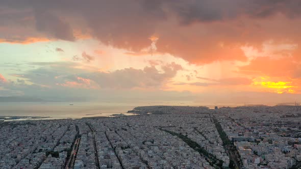 Aerial drone panoramic view of the Greek capital Athens at sunset