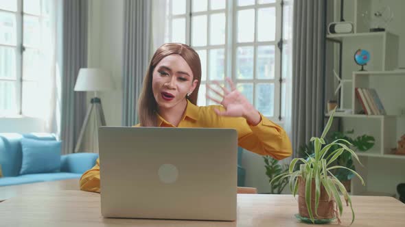 Asian Young Transgender Woman Learning Online Or Freelancer Having Video Conference Call At Home alt