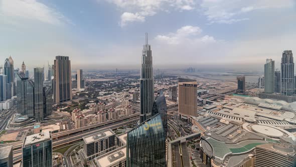 Dubai International Financial Centre District with Modern Skyscrapers Timelapse alt