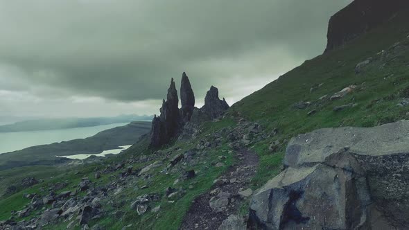 Mountain trail in the mountains Old Man of Storr in Scotland, UK alt