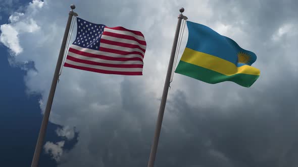 Waving Flags Of The United States And The Rwanda 4K alt