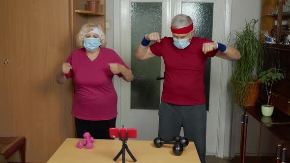 Grandmother Grandfather Doing Healthy Lifestyle Workout Training Fitness Sport Activity at Home alt