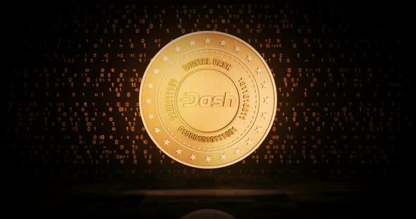 Dash DeFi cryptocurrency golden coin loop on digital background alt