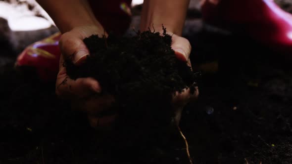 Woman holding fertile soil alt