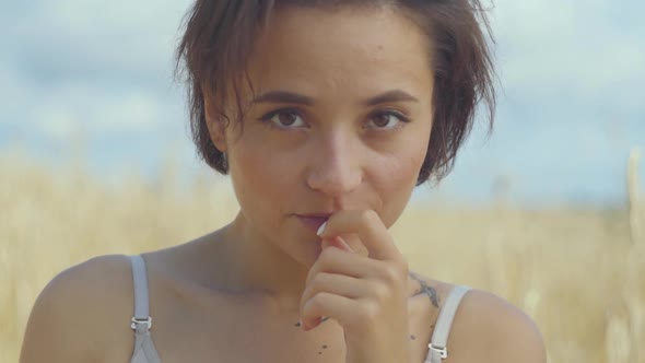 Portrait Lovely Smiling Woman With Short Hair Relaxing On The