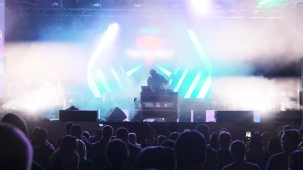 Silhouettes of Crowd of Fans at Rock Concert Near the Stage. Slow Motion alt