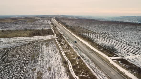 Car Driving Through Frozen Vineyard Landscape
