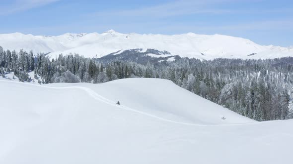 Tourists Riding on Snowmobile with Snowboard on Snowy Highlands Sunny Winter Day alt