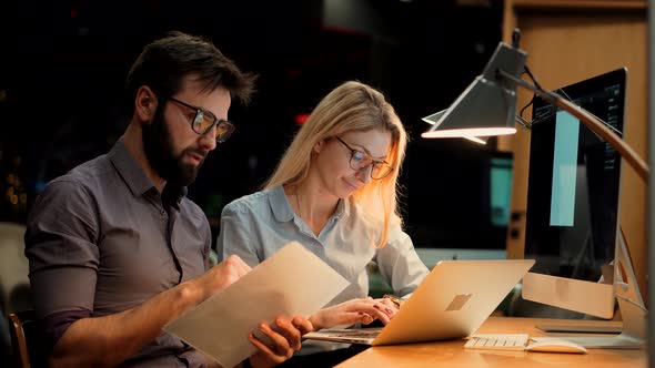 Coworkers Brainstorm In Corporate Online. Two Colleagues Talking In Office About Business Project. alt