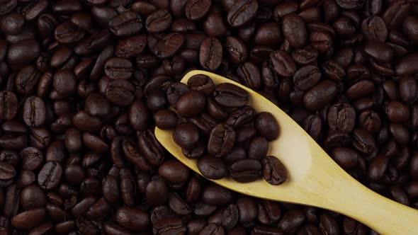 roasted coffee beans with wooden spoon rotating, seeds of coffee