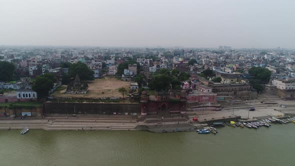 City of Varanasi or Benares in Uttar Pradesh in India seen from the sky alt