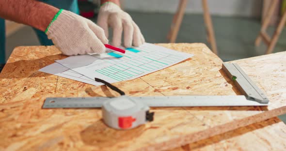 Closeup of a Hardworking Professional Carpenter Holding a Angular Ruler and Pencil While Measuring a alt