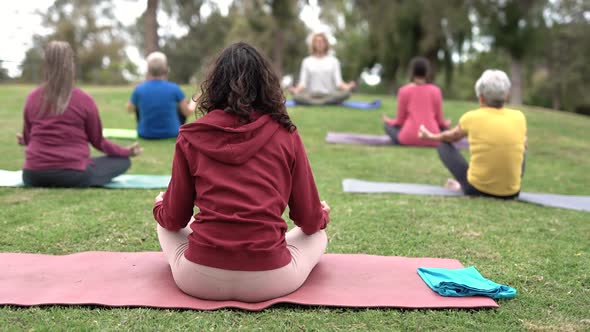 Multiracial people doing yoga sitting with social distance for coronavirus outbreak at park