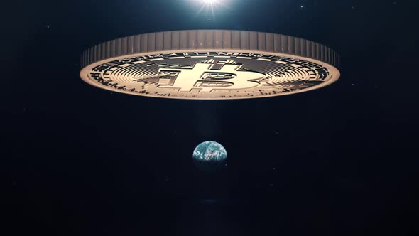 Bitcoin to the Moon - Massive Cryptocurrency Coin Moving Over the Lunar Surface alt