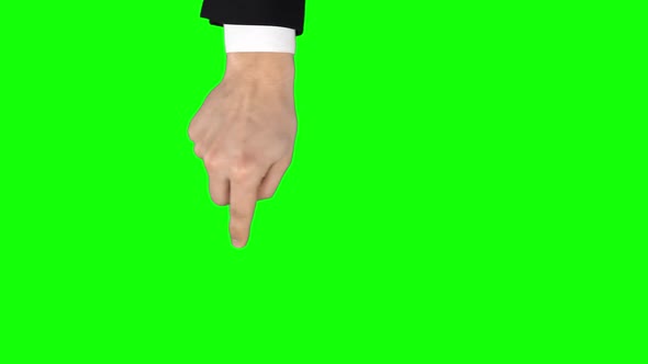 Man Hand in Black Jacket Is Performing Pan Left and Right, Double at Tablet Screen Gesture on Green alt