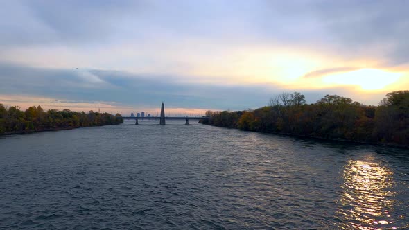 Beautiful Golden Sunset View of River, Water Flowing at Park Jean Drapeau Montreal, Relaxing Nature- alt