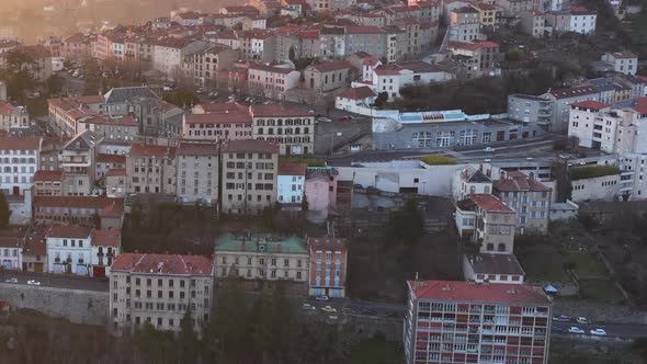 Aerial View of Dense Historic Center of Thiers Town in PuydeDome Department AuvergneRhoneAlpes alt
