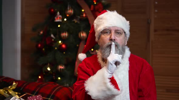 Portrait of Santa Claus Looking Pensively Around Makes Secret Gesture and Winks alt