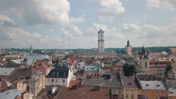 Aerial Drone Footage of European City Lviv, Ukraine, Flight Above Popular Ancient Part of Old Town alt