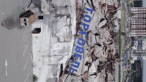 Vertical Video of a Wartorn Shopping Center in Bucha Ukraine alt