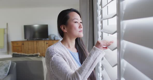 Profile of thoughtful asian woman standing at window, looking outside alt