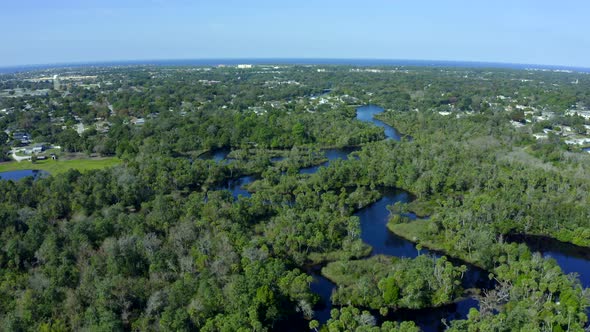 Flying Over River Flowing Through Forest Trees and Towards a Suburban Town alt