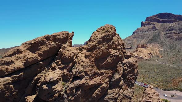 Aerial view of the Teide volcano on Tenerife and rocks near by in the desert alt