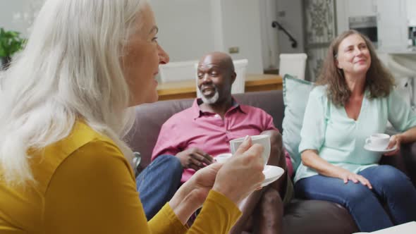 Animation of happy diverse female and male senior friends drinking coffee at home alt