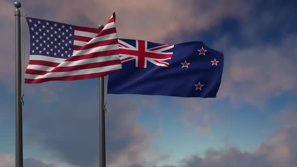 New Zealand Flag Waving Along With The National Flag Of The USA - 2K alt