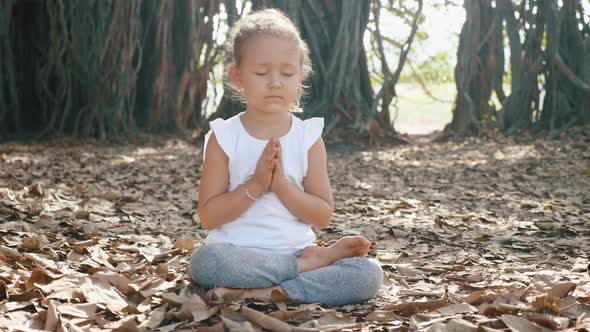 Little Child Girl Meditating Alone Under Banyan Tree