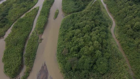 Revealing aerial footage of Costa Rica wetlands that meet the central pacific shore on a bright clou alt
