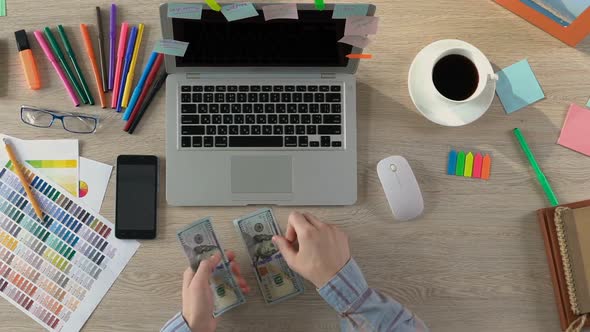 Illustrator Counting Salary, Successful Freelancer Holding Dollars in Hands alt