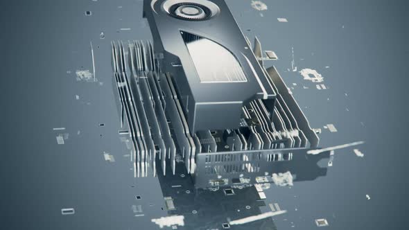 Disassembly of a graphic card. Explosion of GPU to floating pieces. Hardware 4k. alt