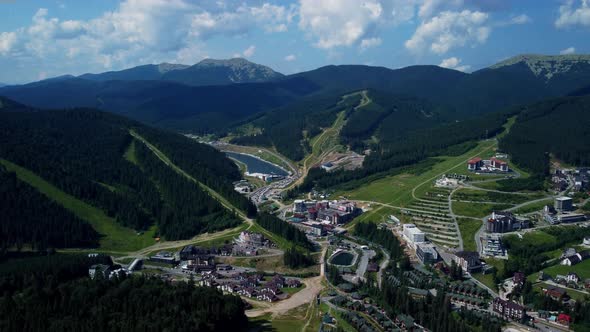 Arial view of idyllic high-rise touristic place in Bukovel, Ukraine. alt