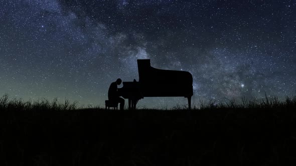 Silhouette Of A Man Playing Piano With Milky Way In Background
