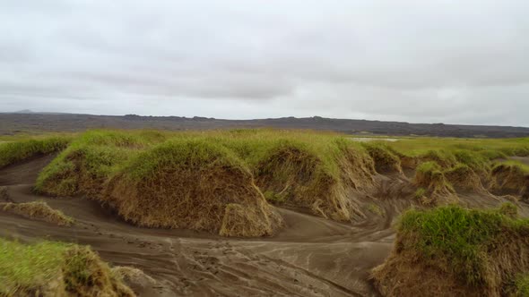 Scenery Of Grassy Dunes At Black Sand Beach In Reykjanes Peninsula, Iceland. Aerial, Closeup alt