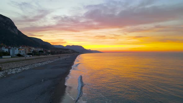 sunset on the beach in autumn, drone on the calm sea, Kastamonu , Cide-Gideros, Turkey alt