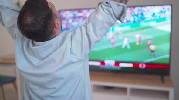 Cheering Happy Soccer Fan Celebrating Win Watching Blurry Tv at Home alt