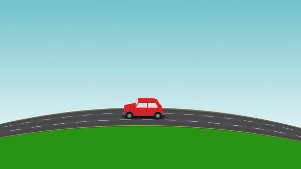 Red car going down the road from one town to another during seasons change. alt